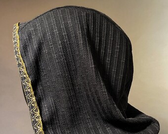 The Cowl Hood in Black Stripe Knit with Gold Ornate Trim by Opal Moon (Unisex)