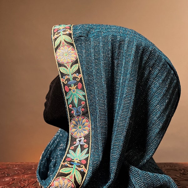 SPECIALTY: Cowl Hood in Metallic Blue Knit with Ornate Floral Trim by Opal Moon (Unisex)