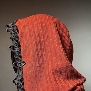 The Cowl Hood in Orange Stripe Knit with Black Ornate Trim by Opal Moon (Unisex)