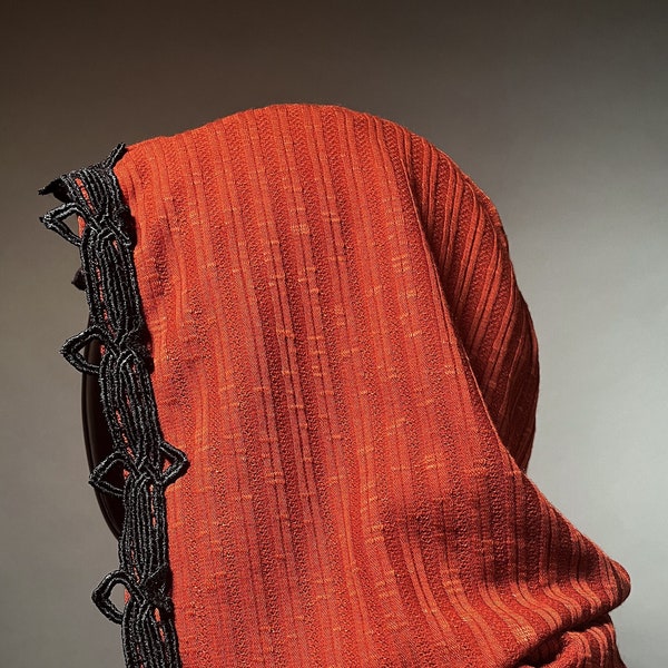 The Cowl Hood in Orange Stripe Knit with Black Ornate Trim by Opal Moon (Unisex)