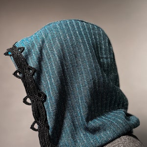 The Cowl Hood in Metallic Blue Knit with Black Ornate Trim by Opal Moon Unisex image 1