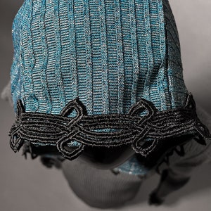 The Cowl Hood in Metallic Blue Knit with Black Ornate Trim by Opal Moon Unisex image 4