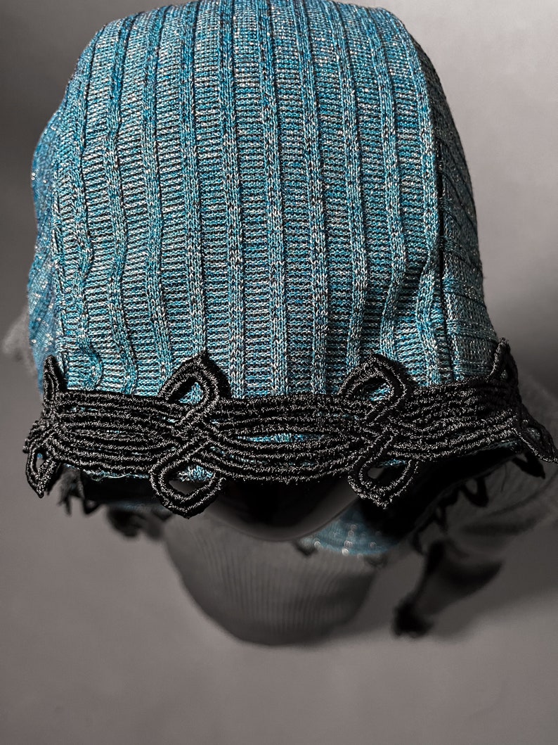 The Cowl Hood in Metallic Blue Knit with Black Ornate Trim by Opal Moon Unisex image 4