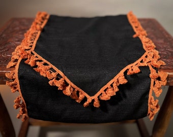 OOAK Black Woven Hip Scarf, Head Wrap or Ritual Cloth with Orange Tassel Trim (One Size)