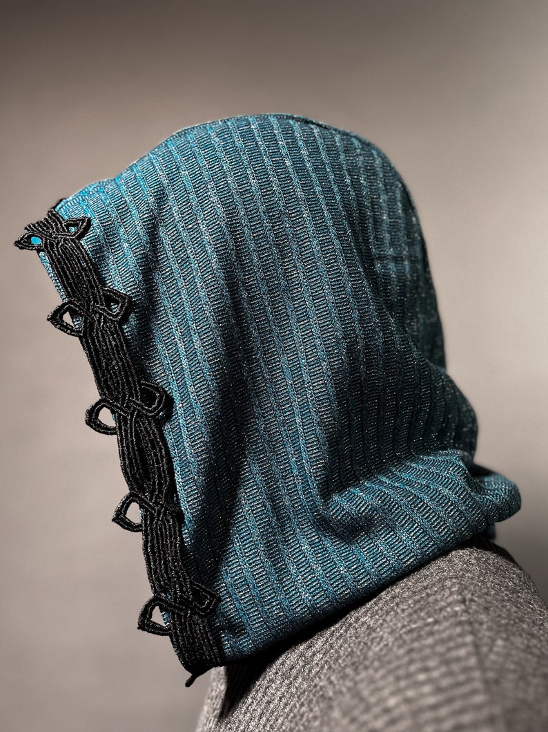 The Cowl Hood in Metallic Blue Knit with Black Ornate Trim by Opal Moon Unisex image 1