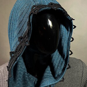 The Cowl Hood in Metallic Blue Knit with Black Ornate Trim by Opal Moon Unisex image 2