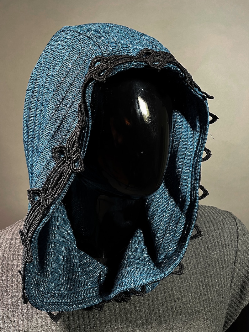 The Cowl Hood in Metallic Blue Knit with Black Ornate Trim by Opal Moon Unisex image 2