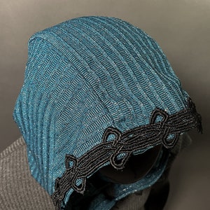The Cowl Hood in Metallic Blue Knit with Black Ornate Trim by Opal Moon Unisex image 3