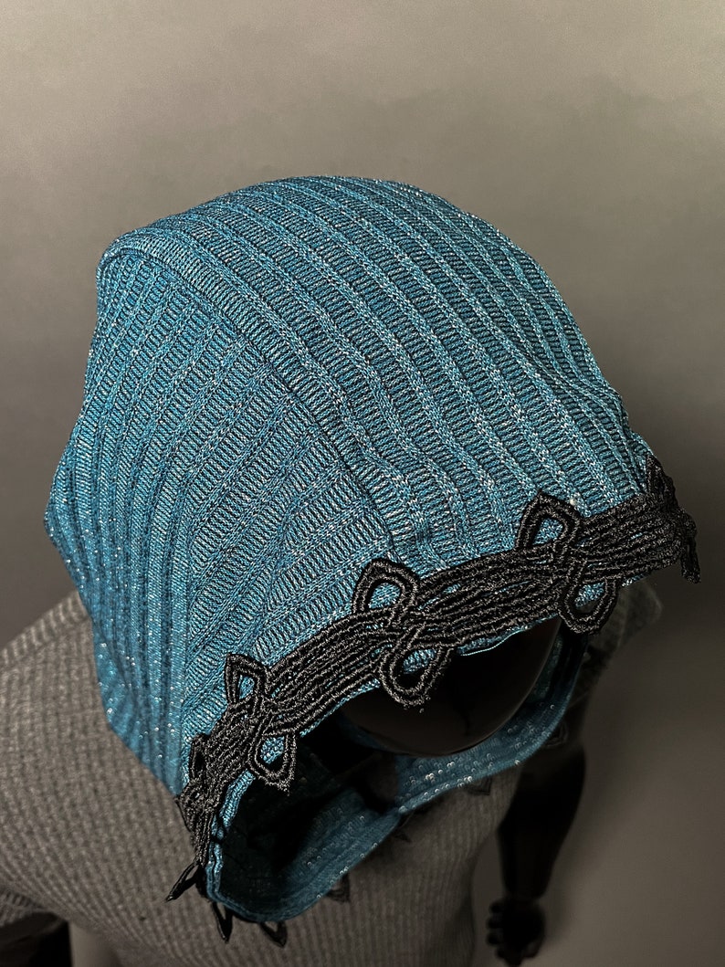 The Cowl Hood in Metallic Blue Knit with Black Ornate Trim by Opal Moon Unisex image 3