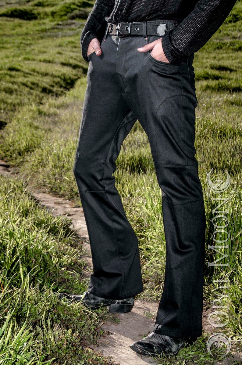 FINAL SALE: The Men's Gahan Sateen Rivet Pants in Super Sheen Black by Opal Moon Designs Last Sizes 30 & 38 Waist image 1