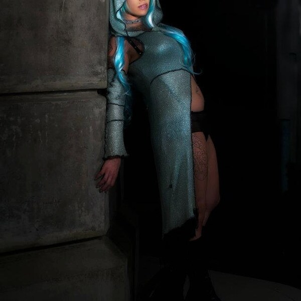 CLEARANCE: Tribal SciFi Dune Tunic w/ArmWarmers & Hood Set in SciFi Sparkle (MintGreen/Metallic Silver)