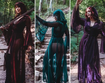 SALE: The "Egyptian Queen" Priestess Cloak with Gold Amulet on Hood in Red, Green, or Purple Sheer Mesh by Opal Moon (Size S-XXL)