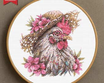 Huhn im Blumenhut Kreuzstichmuster: Cottagecore Stickerei PDF Pattern