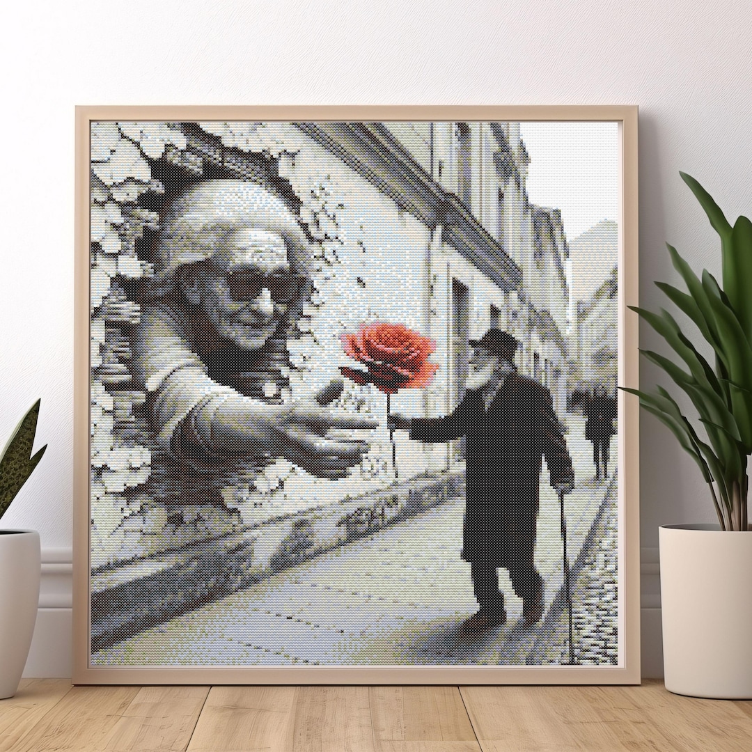 Banksy Style Cross Stitch Pattern Man With Red Flower Street Art ...