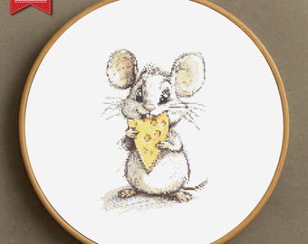 Cute Mouse with Cheese Cross Stitch Pattern, Whimsical Animal Embroidery (PDF Pattern)