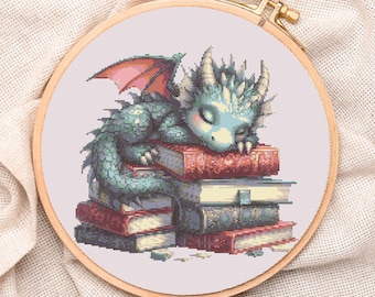 Schema punto croce drago dormiente, ricamo per amanti dei libri fantasy, decorazione da parete in formato PDF