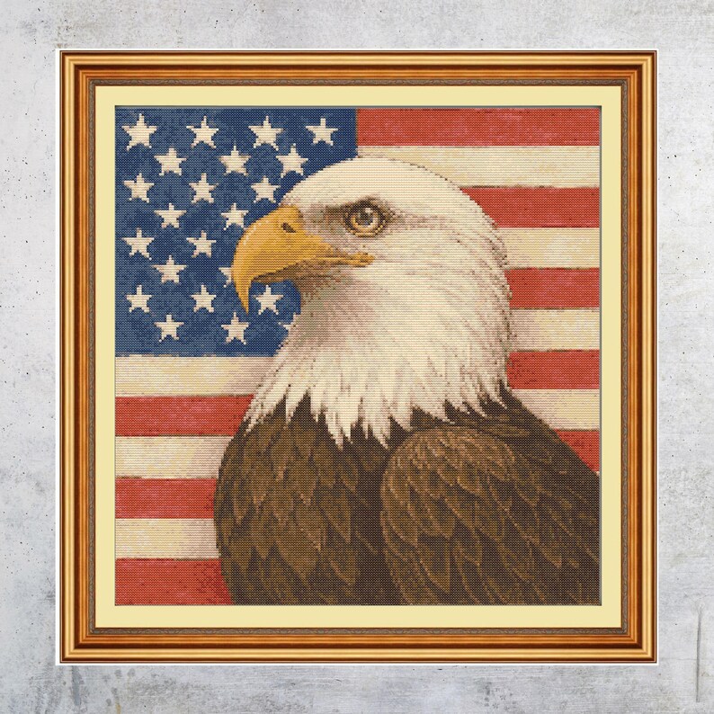 bald eagle cross stitch pattern with USA flag background, patriotic embroidery PDF for 4th of July decor