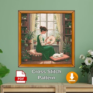 girl embroidering by window cross stitch pattern, cozy room with cat and plants, peaceful handmade home scene
