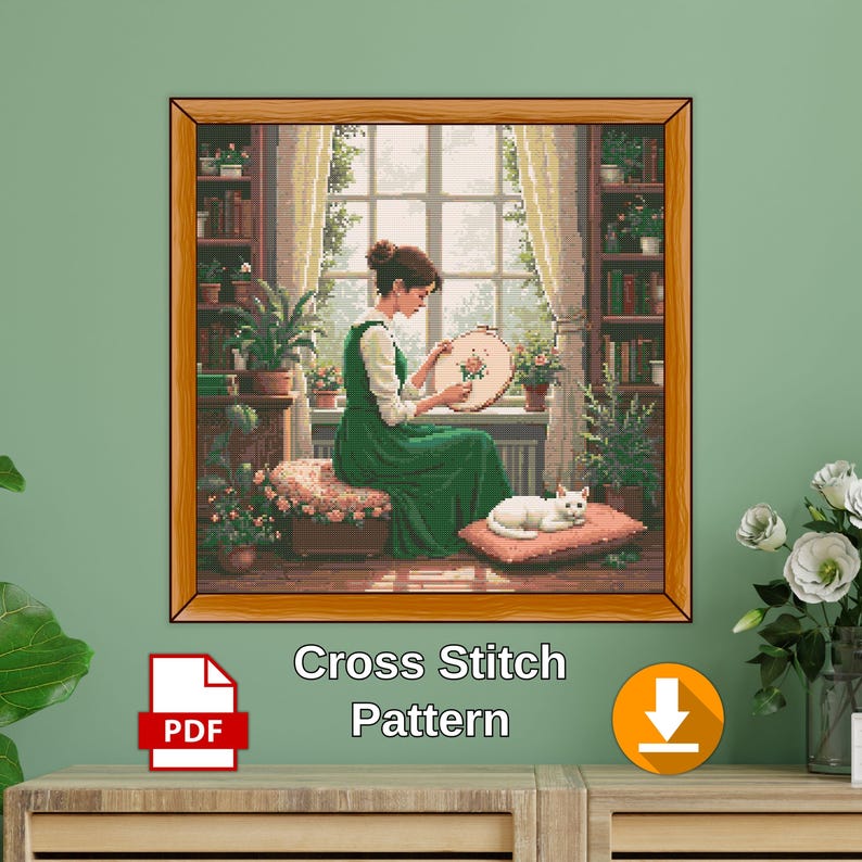 girl embroidering by window cross stitch pattern, cozy room with cat and plants, peaceful handmade home scene