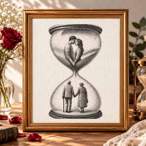 Romantic Hourglass Cross Stitch Pattern, Young & Old Love Embroidery PDF, Anniversary Wedding Needlework