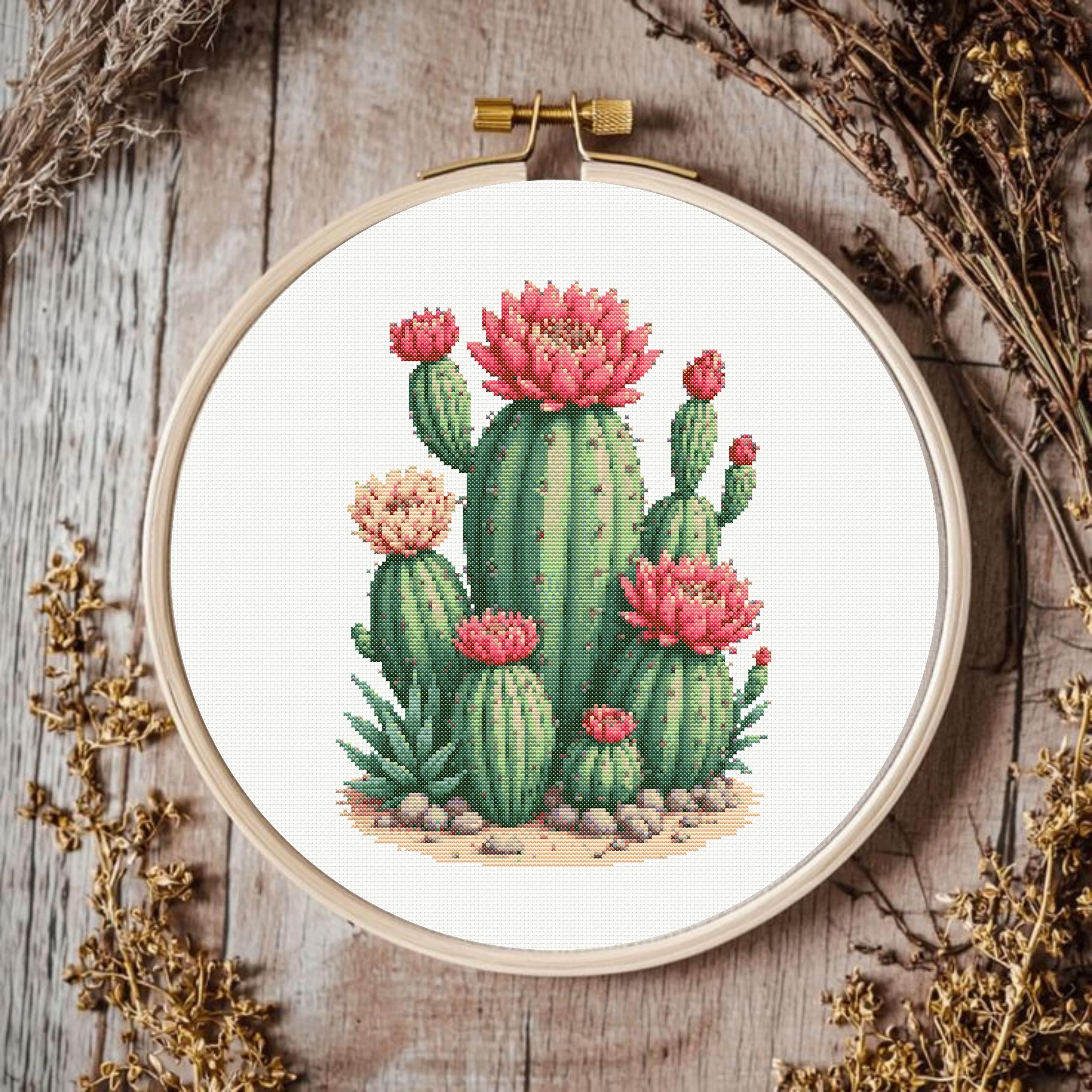 Blooming Cactus Cross Stitch Pattern, Desert Botanical Embroidery