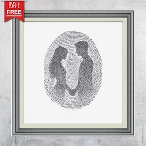 Couple Silhouette Cross Stitch Pattern, Fingerprint Heart PDF, Romantic Wedding Gift Embroidery, Modern Love Art, Instant Download