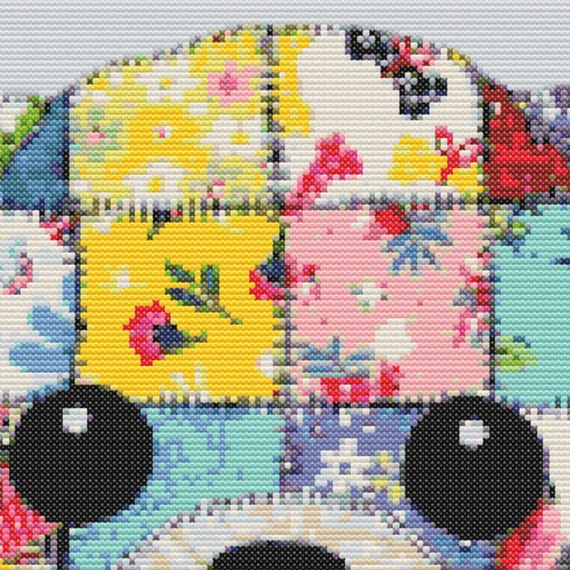パッチワークわんこ♡確認ページ パッチワークの子犬のクロスステッチパターン：花柄キルトの犬の刺繍
