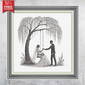 May include: Black and white framed artwork depicting a couple on a swing under a weeping willow tree. The bride is seated on the swing, and the groom is standing, holding her hand. The artwork is in a dot-style illustration.