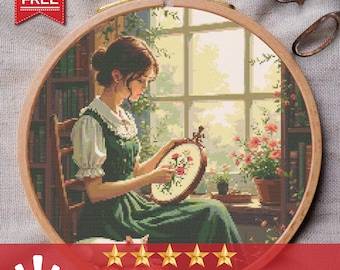 Cross Stitching Girl Cross Stitch Pattern PDF, A Sweet Handcraft Scene, Perfect For Stitch Lovers And Collectors