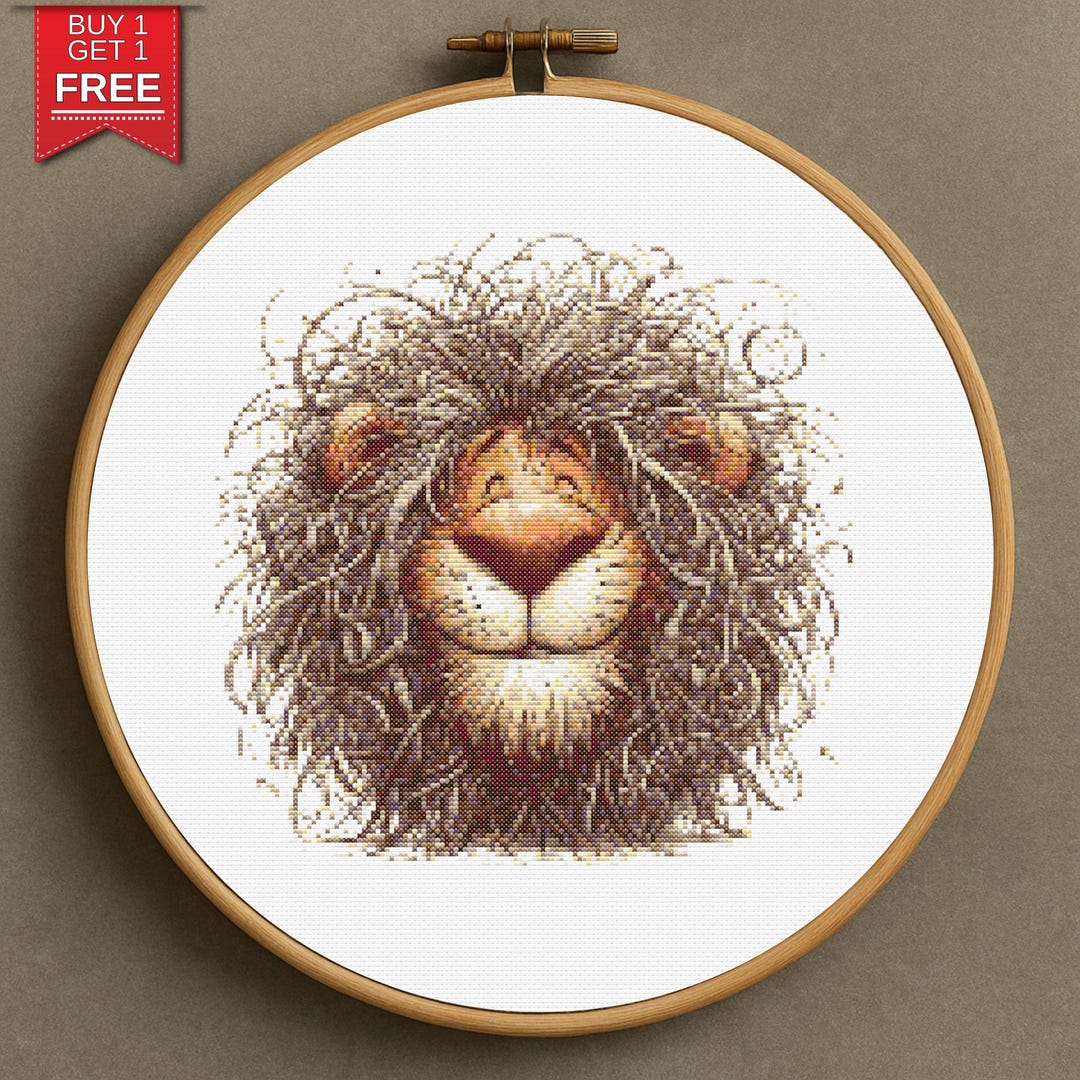 Whimsical Lion Cross Stitch Pattern: Shaggy Mane Embroidery (PDF
