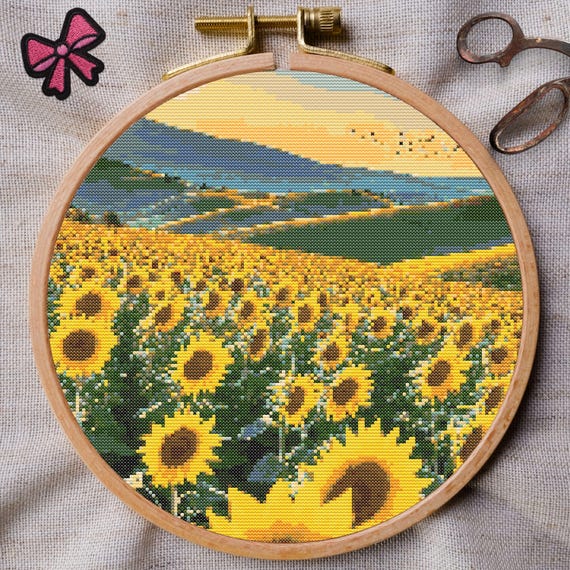 ひまわり畑のクロスステッチパターン、デジタル刺繍風景、田舎の夏の