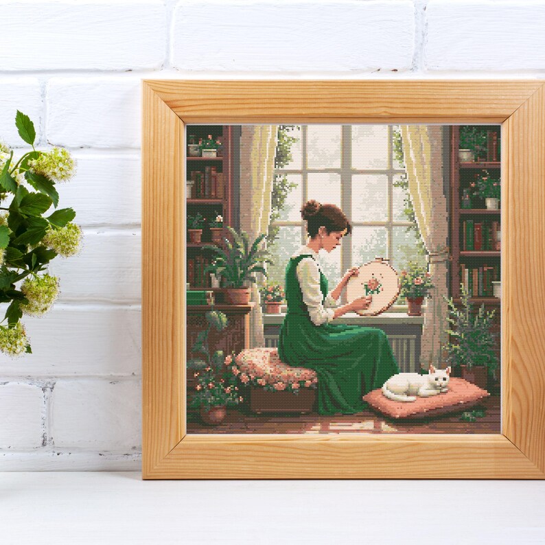 girl embroidering by window cross stitch pattern, cozy room with cat and plants, peaceful handmade home scene