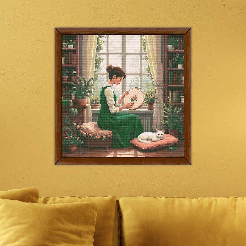 girl embroidering by window cross stitch pattern, cozy room with cat and plants, peaceful handmade home scene