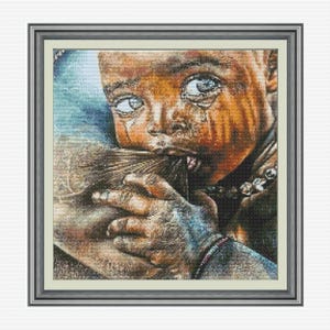 Huilend kind kruissteekpatroon, emotioneel portret borduurontwerp, realistische kunst handwerk, DIY wanddecoratie, digitale download
