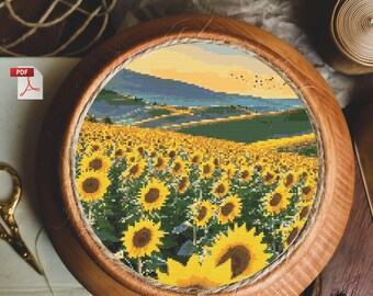 ひまわり畑のクロスステッチパターン、デジタル刺繍風景、田舎の夏の
