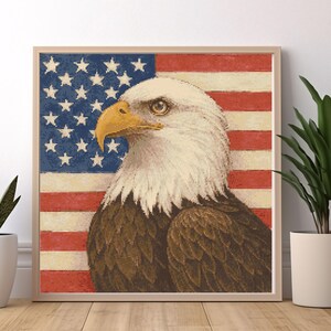 bald eagle cross stitch pattern with USA flag background, patriotic embroidery PDF for 4th of July decor