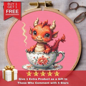 Tea Dragon Cross Stitch Pattern PDF, Cute Dragon Stitch Design, Modern Digital Chart, Easy Beginner Friendly Embroidery Pattern