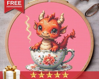 Tea Dragon Cross Stitch Pattern, Beginner Friendly Embroidery (PDF Pattern)