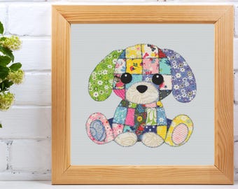 パッチワークの子犬のクロスステッチパターン：花柄キルトの犬の刺繍