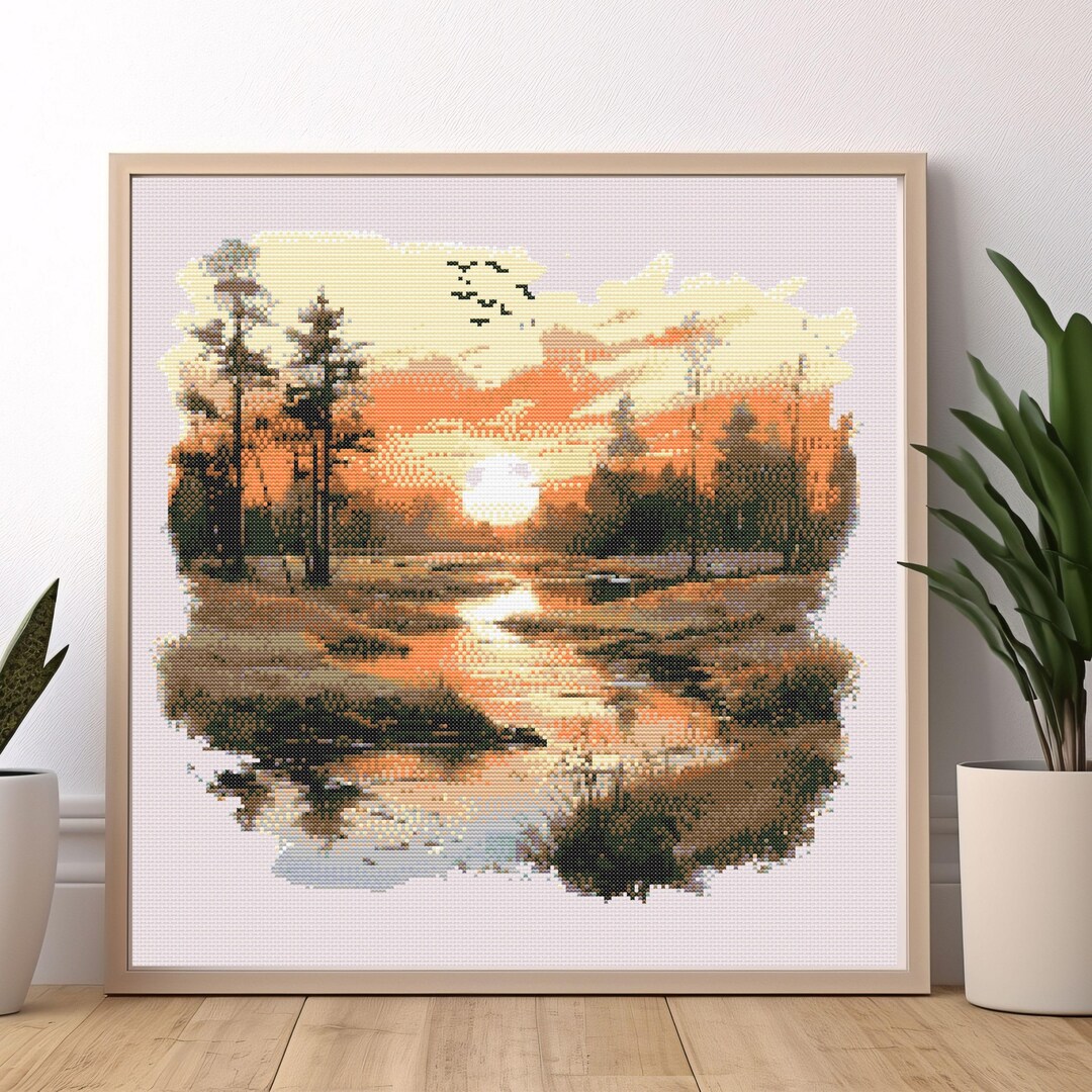 Vintage Sunset Lake Cross Stitch Pattern, Forest Reflection