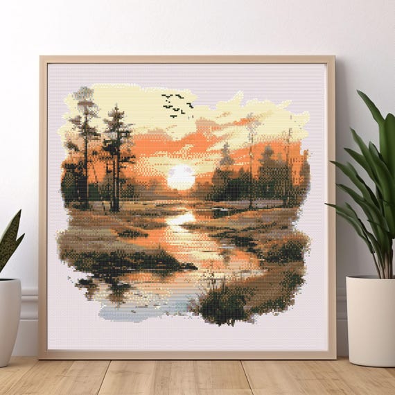 Vintage Sunset Lake Cross Stitch Pattern, Forest Reflection