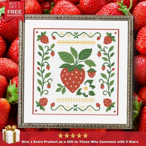 Motif de point de croix aux fraises, PDF de broderie d'échantillons de fruits, décoration de cuisine Cottagecore, téléchargement numérique pour Aida 14 carats