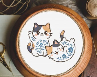 かわいい猫のクロスステッチパターン：ミニサイズの日本の猫（PDF