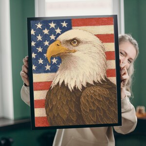 bald eagle cross stitch pattern with USA flag background, patriotic embroidery PDF for 4th of July decor