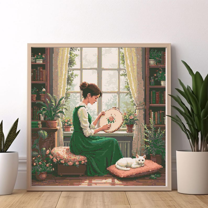 girl embroidering by window cross stitch pattern, cozy room with cat and plants, peaceful handmade home scene