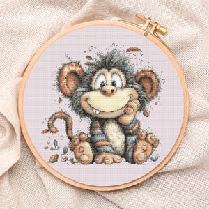 Cartoon Monkey Cross Stitch Pattern: Nursery Animal Embroidery Design (PDF)