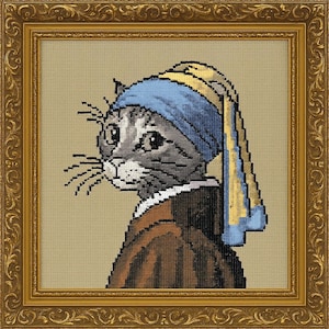 Funny Cat with Pearl Earring Cross Stitch Pattern (PDF)