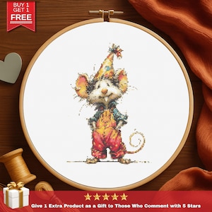 Clown muis kruissteekpatroon, pdf met grillige dierenborduurwerk, schattige circusmuurkunst, digitale download voor 14 kt Aida