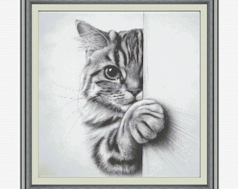 Schema realistico per punto croce di un gattino, schema di ricamo di un gatto in bianco e nero, ricamo minimalista per animali domestici