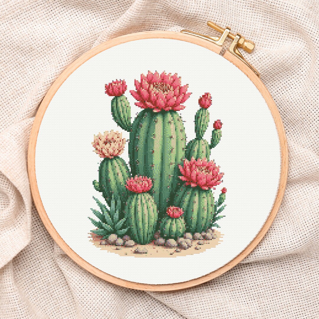 Blooming Cactus Cross Stitch Pattern, Desert Botanical Embroidery